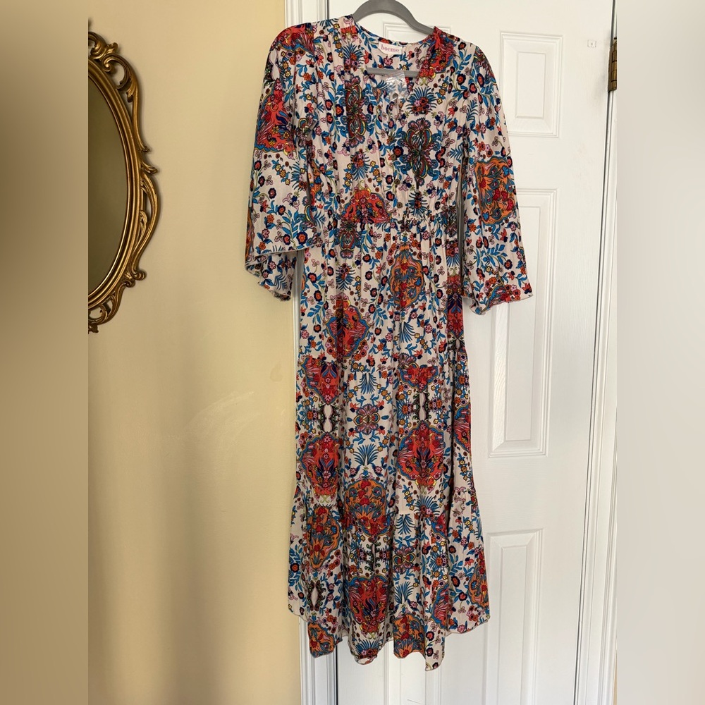 Boemo x Anthropologie Floral Print Boho Maxi Dress Tiered Bell 3/4 sleeved NWT - Picture 10 of 16